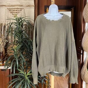 Distressed Olive Oversized Sweater M/L Moss Slouchy Grunge Knit Cotton Pullover